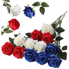 12PCS Artificial Silk Flowers Realistic Roses 12Pcs Flowers Red, White, Blue
