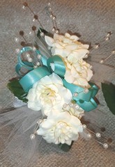 NEW 6″ Artificial Ivory Rose Wrist Corsage & Matching Bout, Pearls, Turquoise