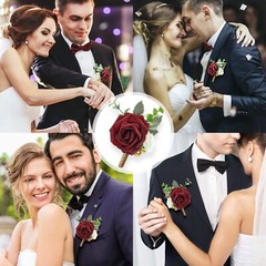 15 Pcs Burgundy Boutonniere for Men Rose Wedding Boutonniere with Pin Groom G…
