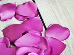 Heart shaped radiant orchid satin rose petals, 100 ct artificial purple petals