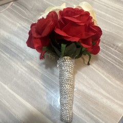 Small Artificial Red White Rose Bridemaid Bouquet with Rhinestone Handle