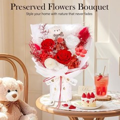 Preserved Flowers Bouquet with Bear 3 Real Forever Red Long-Lasting Eteranl NEW