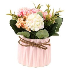 Artificial Hydrangea Bouquet with Small Ceramic Vase Fake Silk Variety Pink
