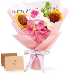 Pink Crochet Flower Bouquet Crochet Sunflowers Tulips Roses for Home C-pink
