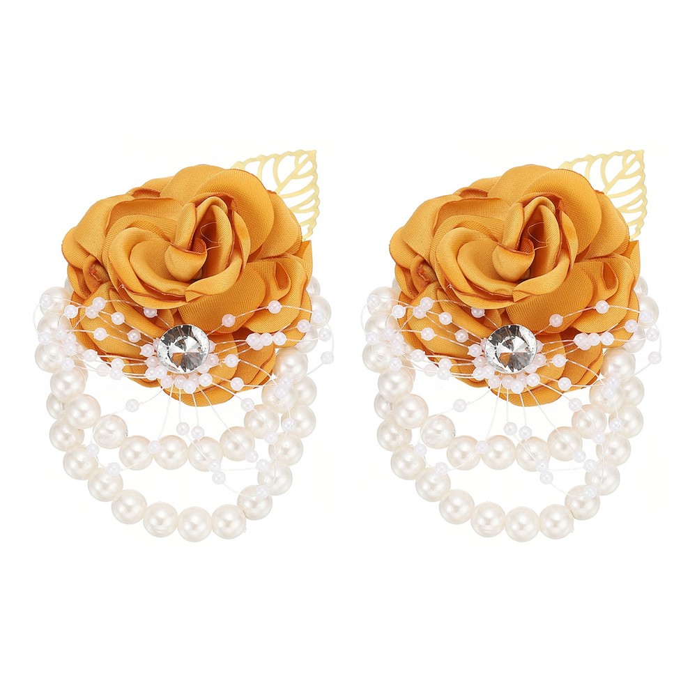 2 Pcs Rose Bridesmaid Wrist Flower Artificial Bride Wrist Yellow