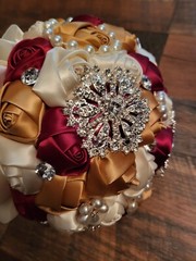 Bridal Flower Wedding Bouquet Rhinestone Pearls Silk Satin Burgundy Gold Cream