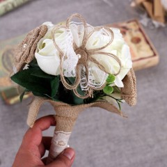 Handmade Burlap Wedding Bouquet Artificial Rose Pearl LaceBridesmaid Toss Bridal