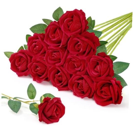 Classic Artificial Roses Flowers, Faux Long Stem Silk Roses Bulky for 12 Red