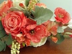 Silk Flower BRIDAL BOUQUET Coral Pink Peach and Green Roses, Poppy, Hydrangea