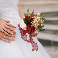 Wedding Bouquets for Bride, Burgundy & White Bridal Bridesmaid Flower with Silk