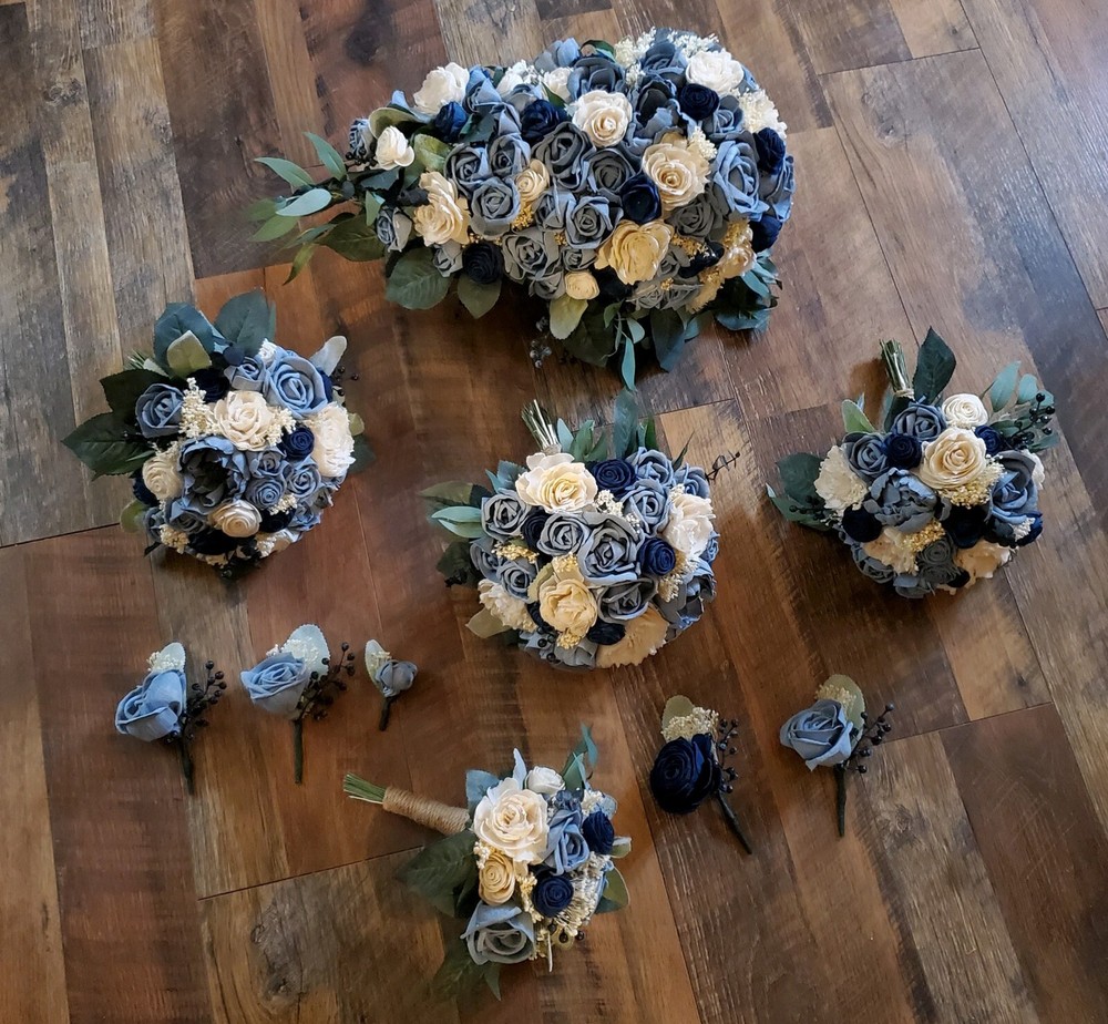 17PC Dusty Blue Navy Wedding Flower Set Sola Wood Bridal Bouquet Boutonnieres