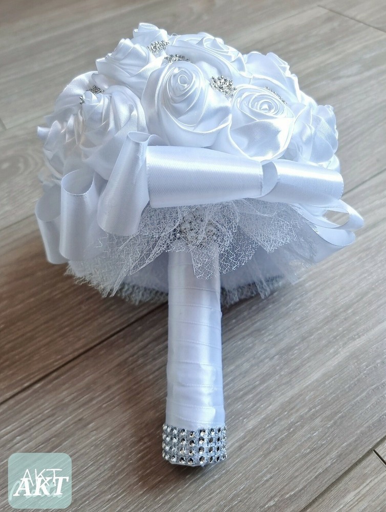 Bridal Bouquet White Satin Rose Brooches for wedding