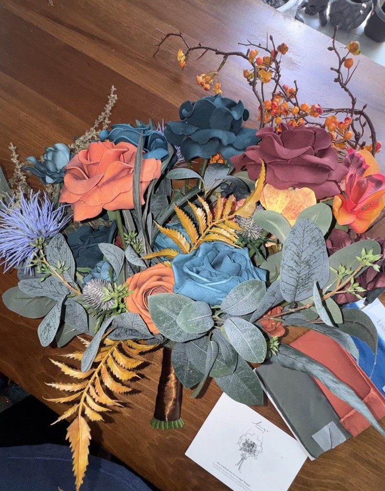 Ling’s Moment Teal and Burnt Orange Brides Bouquet NEW