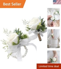 Versatile Ivory Rose Wrist Corsage and Boutonniere Set for Weddings & Festivals