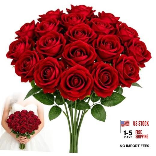 24PCS 20‘’ Red Artificial Roses Flowers with Long 24pcs Red Artificial Flowers