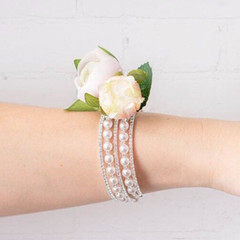 CORSAGE BRACELET Cuff Silver Pearl Diamante flowers wedding formal anniversary