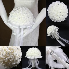 Bride Bouquet Bridal Rose Foam Flower Wedding White Satin Crystal Romantic Decor