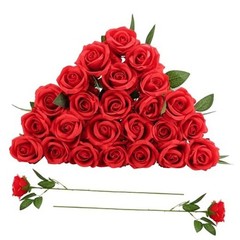 24 Pcs Rose Artificial Flowers with Long Stem Real Touch Silk Plastic Red