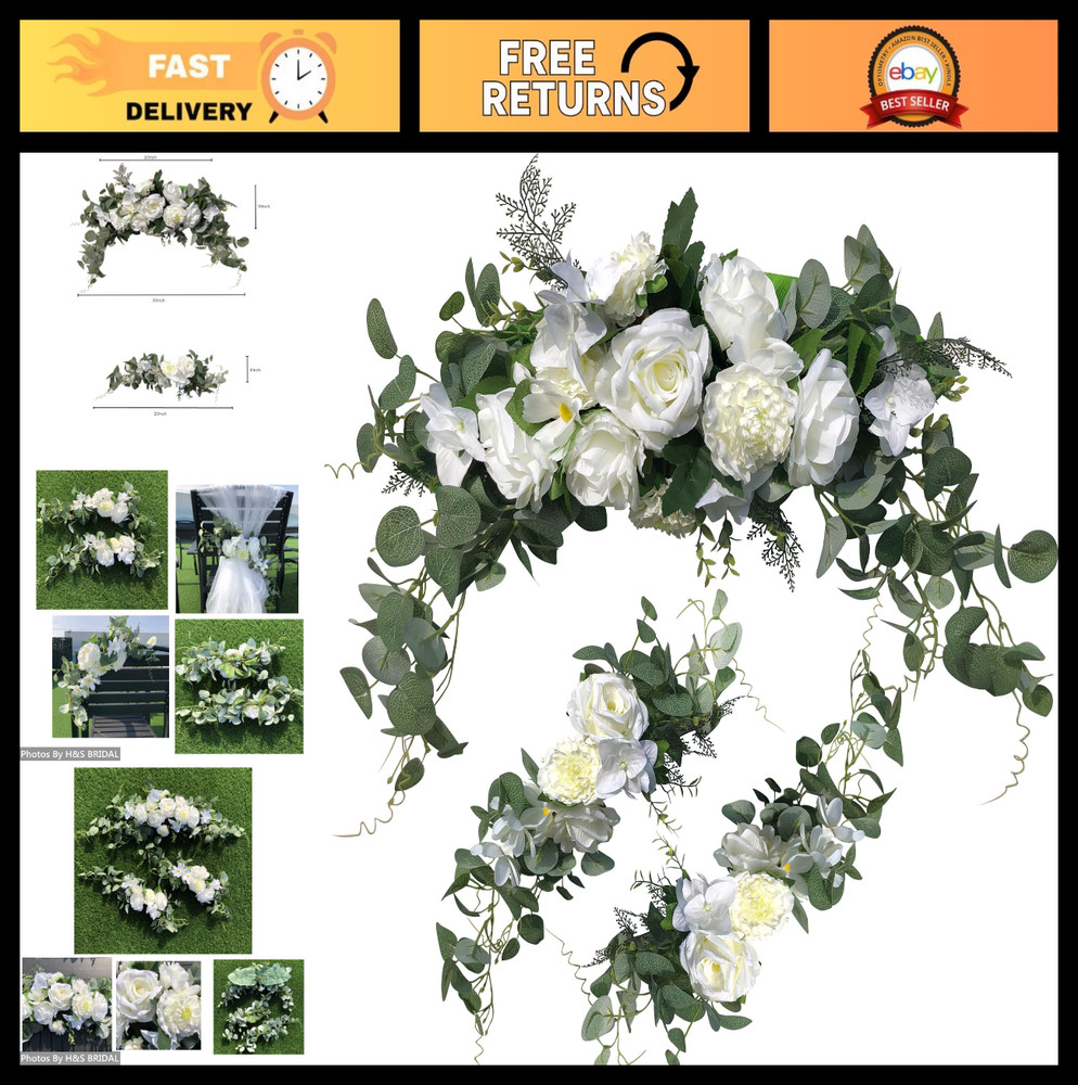 Wedding Arch Flowers Set – 3Pcs White Rose Floral Swags & Eucalyptus Greenery fo
