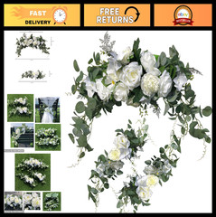 Wedding Arch Flowers Set – 3Pcs White Rose Floral Swags & Eucalyptus Greenery fo