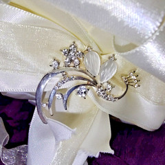 Bridal Satin Rose Brooch Bouquet w/ Rhinestones & Pearls Red Ivory Wedding