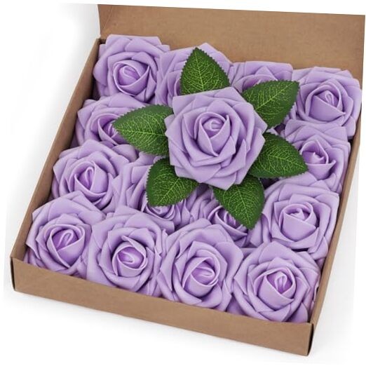 Artificial Flowers Fake Roses with Stems Boxed Foam Roses for DIY 16Pcs Purple