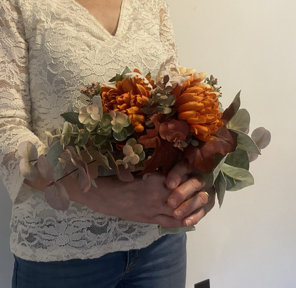 Bridal Wedding Bouquet Hand made Budget Handmade Faux Flowers Orange Red Yellow