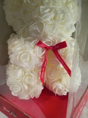 White Artificial Silk Roses Rose Bear With Red Ribbon. A-23