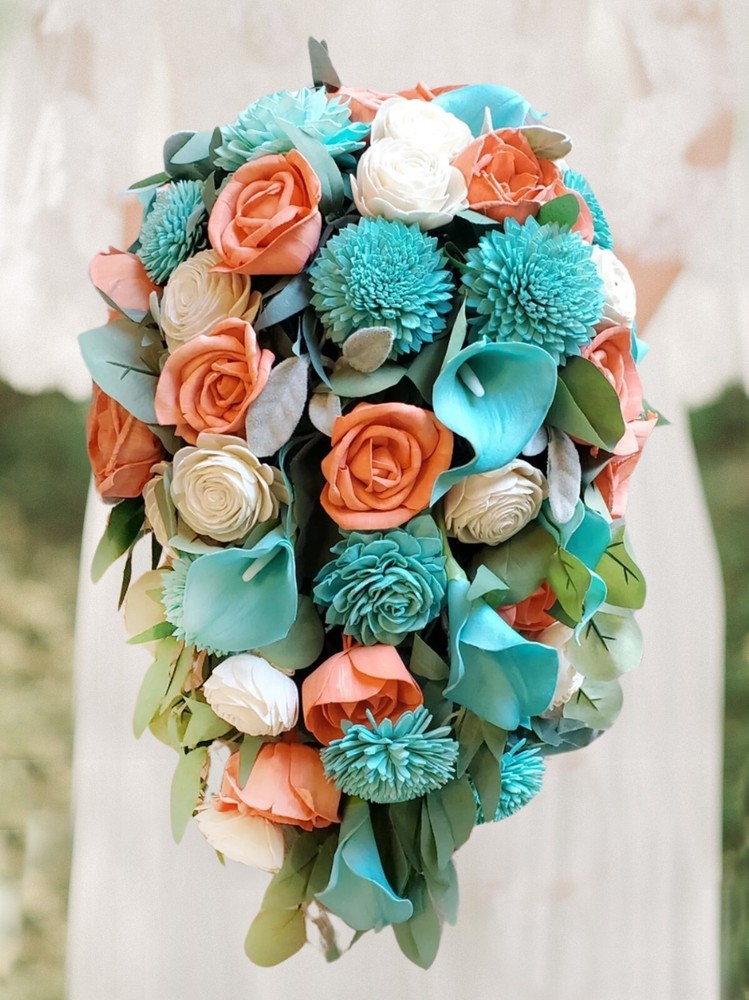 Turquoise Coral Calla Lily Bridal Bouquet Sola Wood Cascade Orange Blue Wedding