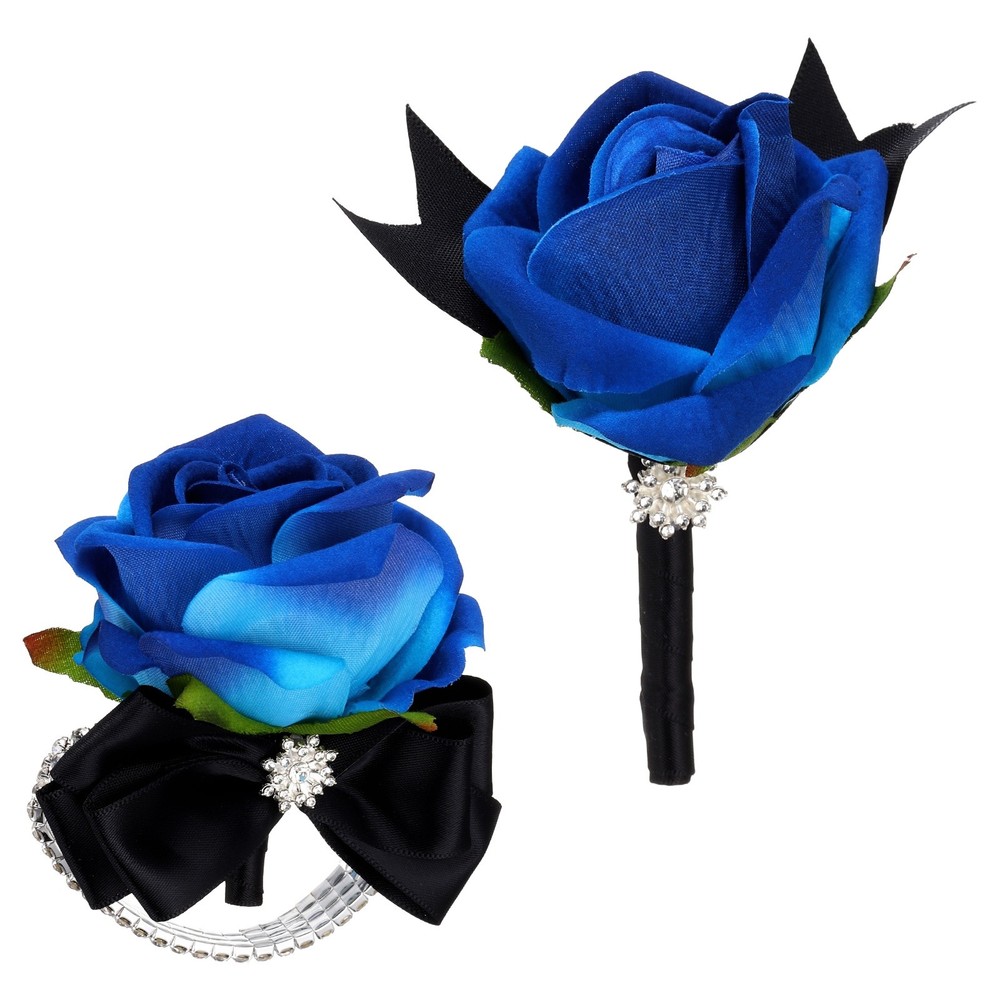 2Pcs Wrist Corsage Boutonnieres Set with Black Ribbon, Blue