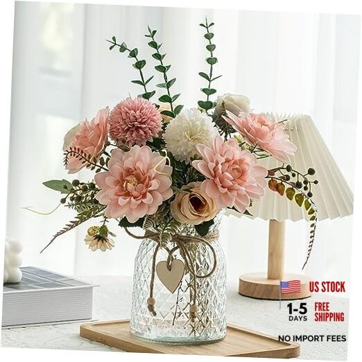 Fake Flowers with Vase,Faux Flowers in Vase for Home Decor,Silk Pink Dahlia 1
