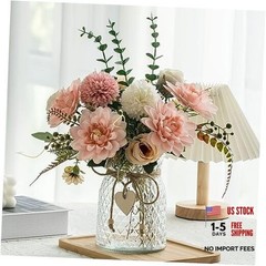 Fake Flowers with Vase,Faux Flowers in Vase for Home Decor,Silk Pink Dahlia 1