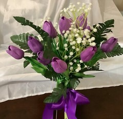 Real touch purple tulip and baby breath bridal bouquet