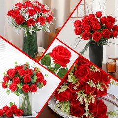 50PCS Artificial Silk Roses Flowers – Realistic Fake Roses in Bulk & Red