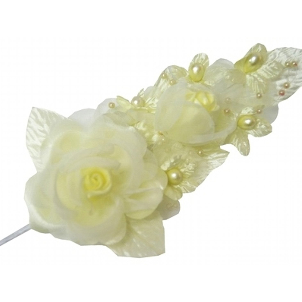 3 yellow Silk Pearl & organza flower Corsages 5″x 2.5 with pearl pin