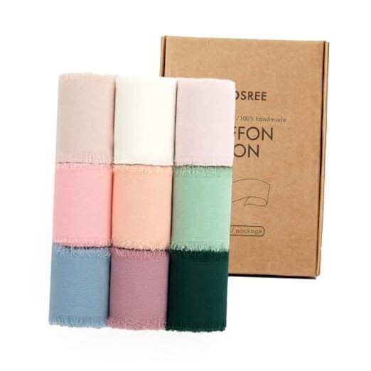9 Rolls Handmade Chiffon Ribbon,1.5″ x 21Yd Frayed Fringe Silk Multicolour