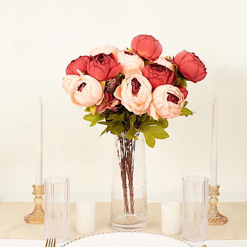 BURGUNDY DUSTY ROSE 2 Bouquets 19″ Silk Peony FLOWERS Artificial Floral Bushes