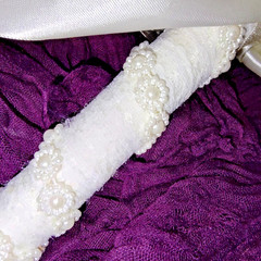 Bridal Satin Rose Brooch Bouquet w/ Rhinestones & Pearls Red Ivory Wedding