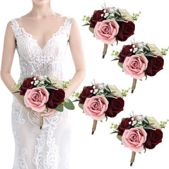 Blush & Burgundy Artificial Bridesmaid Bouquets – Set of 6 Peach Pink 2024
