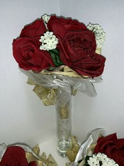 LOT OF 8 SILK Red Rose Wedding Bouquets with Gold Wired Ribbon & Gold & Shiny