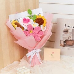 Pink Crochet Flower Bouquet Crochet Sunflowers Tulips Roses for Home C-pink