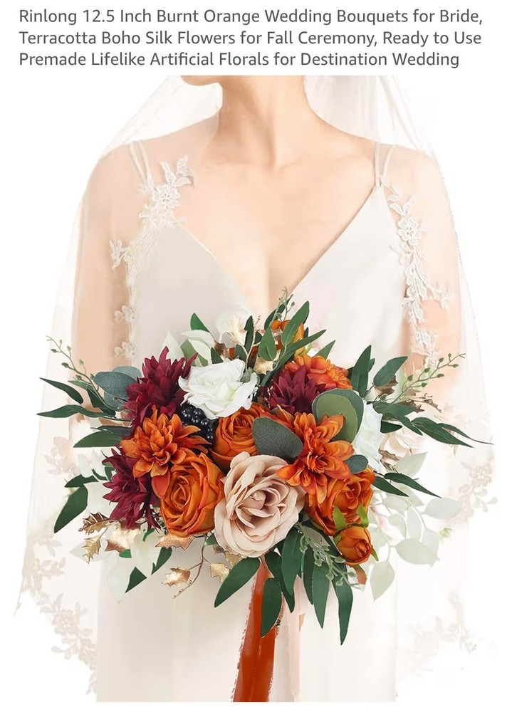 Rinlong 12.5″ Bridal Bouquet Burnt Orange/Terracotta Gold