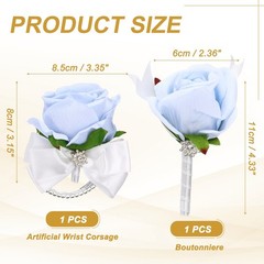 2Pcs Wrist Corsage Boutonnieres Set with White Ribbon, Light Blue