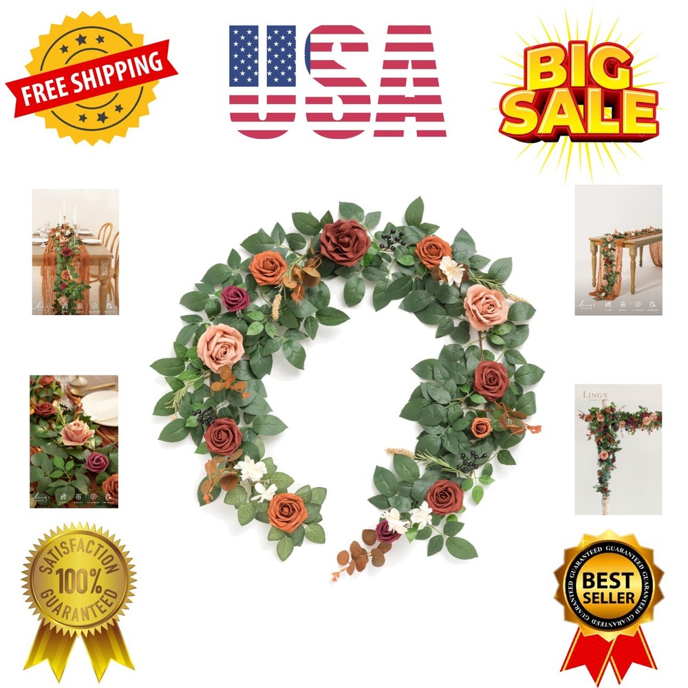 5FT Terracotta Artificial Flower Garland Rose Eucalyptus Leaves Fall Floral G…
