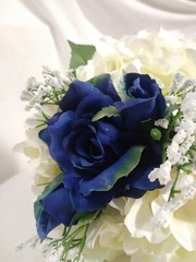 Wedding Bouquet Silken / Plastic White Hydrangea w/ Dark Blue Rose NEW