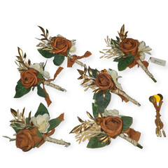 Boutonniere 6 Pc Set Groom & Groomsmen Wedding Corsage Terracotta Color 4 Pins
