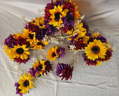 Fall Wedding Bouquet Set, Roses, Sunflowers, Purple, Yellow, Maroon