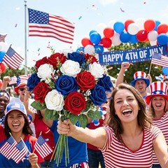 14PCS Red White Blue Artificial Roses, Patriotic Velvet Silk Fake Roses Flowers
