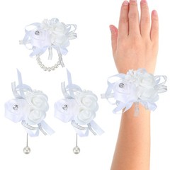 4 Pcs Wrist Corsage and Boutonnieres Set Silk Rose Wedding Bridesmaid White