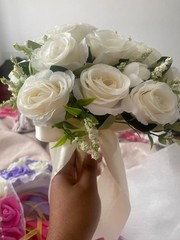White Silk Rose Bridal Bouquet Handmade Artificial Wedding Flowers Bride Decor